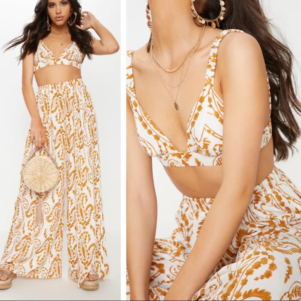 White Paisley Print Wide Leg Trouser & Bralet